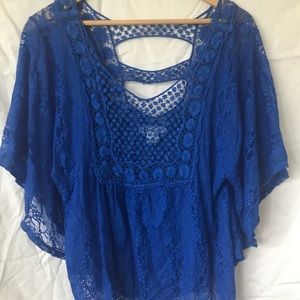Líbian - Blue Crocheted, Lace, Cap Sleeve Top